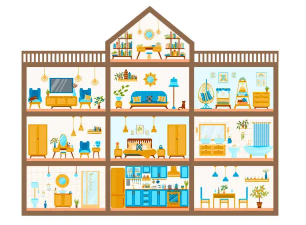 Vector illustration of ozy, stylish three-storey house with an attic and boho-style furniture, a cute dollhouse with nine rooms, illustration in a flat cartoon style.
