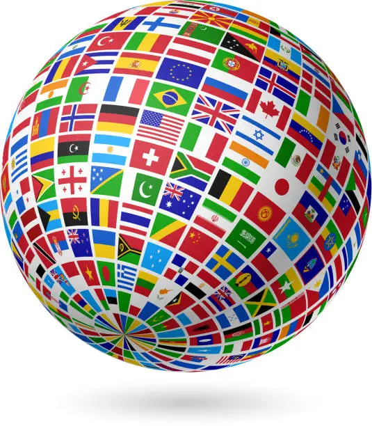 Vector illustration of A globe made of many countries' flags on white background