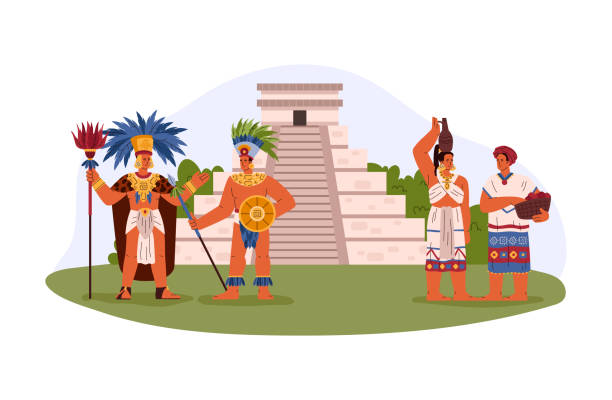 ilustrações de stock, clip art, desenhos animados e ícones de maya tribal leader, warrior with weapon and women in traditional ethnic clothes near the pyramid vector illustration - old fashioned indigenous culture inca past