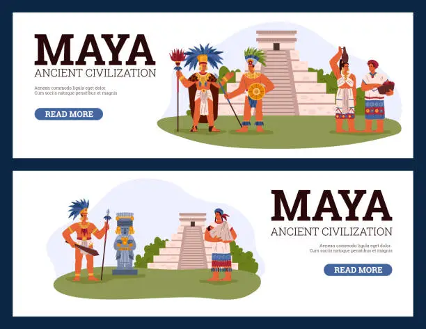 Vector illustration of Maya tribal leader, warrior, women in ethnic costume near the pyramid, vector flyers set of Maya ancient civilization