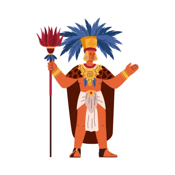 Vector illustration of Maya tribal leader in traditional costume animal skin cape and feather headdress standing with spear vector illustration