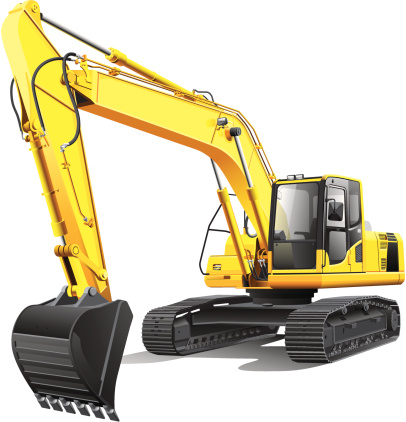 detailed vectorial image of large yellow crawler excavator, isolated on white background. File contains gradients. No blends and strokes.