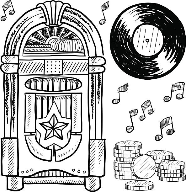 Old fashioned music jukebox sketch "Doodle style retro jukebox with vinyl record, coins, and musical notes. EPS10 file format with no transparency effects." digital jukebox stock illustrations
