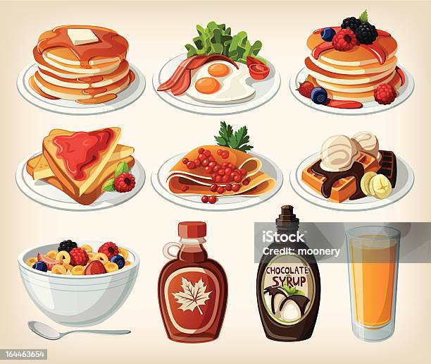 Klassisches Frühstück Cartoon Set Mit Müsli Pfannkuchen Und Waffelntoasts Stock Vektor Art und mehr Bilder von Eierkuchen-Speise