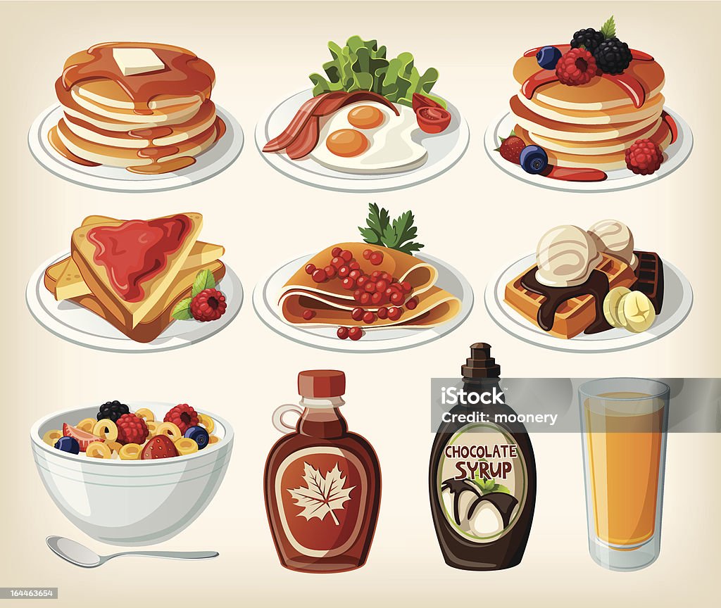 Clássico mulher de pequeno-almoço com Panquecas, cereais, Tosta e waffles - Royalty-free Panqueca arte vetorial
