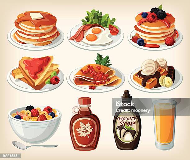 Clássico Mulher De Pequenoalmoço Com Panquecas Cereais Tosta E Waffles - Arte vetorial de stock e mais imagens de Panqueca