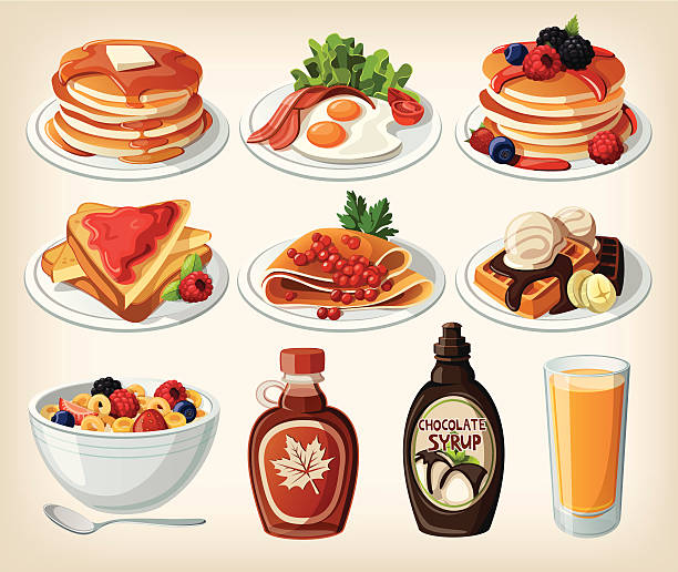 Classic breakfast cartoon set with pancakes, cereal, toasts and waffles Classic breakfast cartoon set with pancakes, cereal, toasts and waffles. EPS10 bacon illustrations stock illustrations