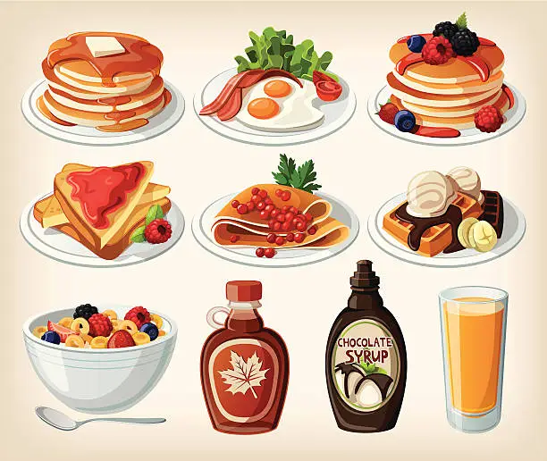 Vector illustration of Classic breakfast cartoon set with pancakes, cereal, toasts and waffles