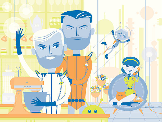 the planetoida rodzina w domu, kaukaski, homoseksualnych gay - father alien child characters stock illustrations