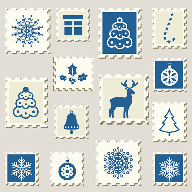 Christmass decoration postal stamps set. Postal stamps set with Christmass decoration objects. Vector illustration. snow globe empty silhouette stock illustrations