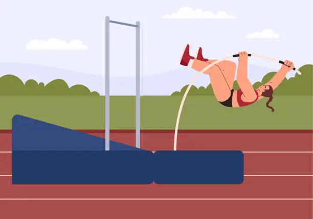 Vector illustration of Woman jumping with pole over bar, flat vector illustration. Pole vaulting sports competition. Professional high jumper and track and field athlete.