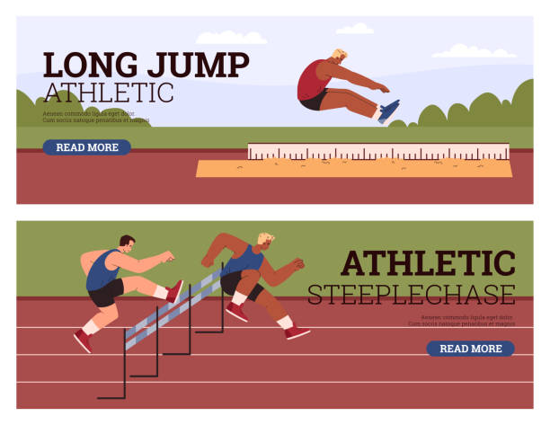 Men fast run hurdle race in the stadium, Long jump athlete in motion, Multinational sport competition vector flyers set Men fast run hurdle race in the stadium. Athletic Steeplechase competition. Long jump athlete in motion vector flat illustration. Multinational sport flyers set, cartoon male characters jump jet stock illustrations