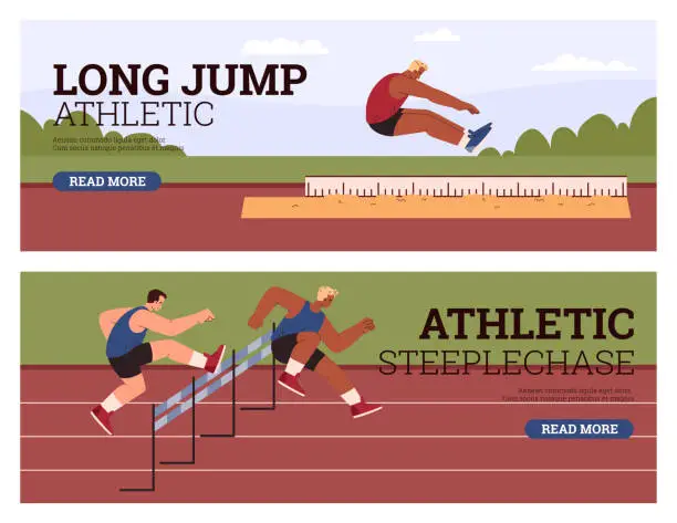 Vector illustration of Men fast run hurdle race in the stadium, Long jump athlete in motion, Multinational sport competition vector flyers set