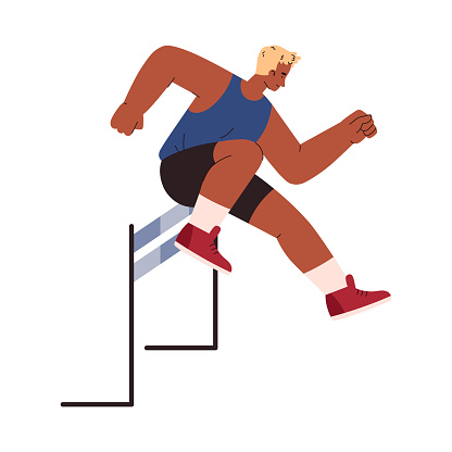 Athletic man jumping high over bar, flat vector illustration isolated on white background. Sportsman doing high jump. Concepts of sports competition and track and field athletics.