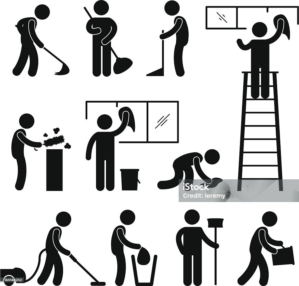 Cleaner Work Pictogram A set of human figure and cleaner working on their duties. Garbage stock vector