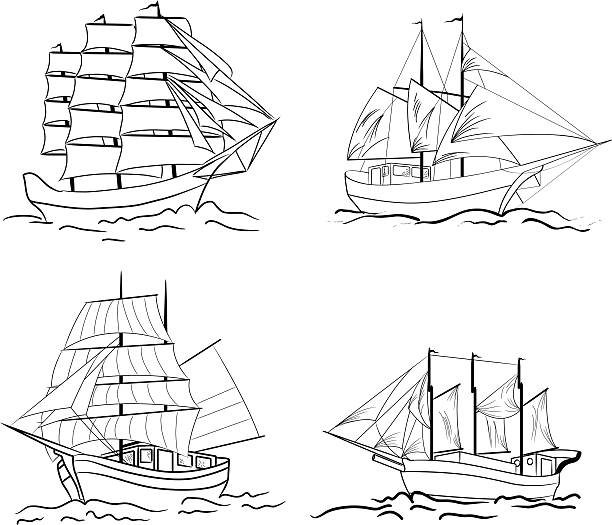 набор эскиза парусное судно - illustration and painting retro revival sailboat antique stock illustrations