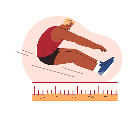 Long jump athlete in motion vector flat illustration. Athletic sport competition. Black man in flight, jump in sand pit with measuring scale isolated on white background.