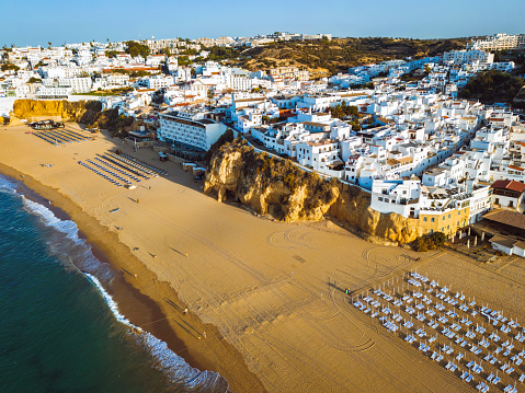 aerial view on praia dos pescadores in Albufeira, Portugal at sunrise hour