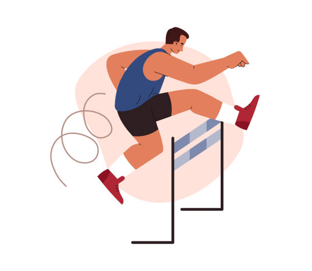 ilustrações de stock, clip art, desenhos animados e ícones de athletic man jumping over bar, flat vector illustration isolated on white background. professional track and field athlete. sports competition of high jump. - starting line sprinting track and field track event