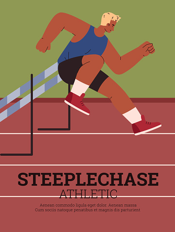 Poster with young man about steeplechase athletic flat style, vector illustration. Emotional boy running and jumping, decorative design with text, sport and competition