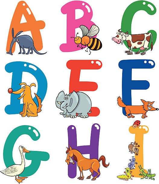 мультяшный алфавит с животными - letter h alphabet education learning stock illustrations