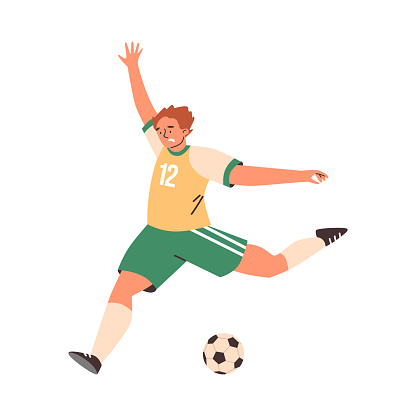 Football soccer male player in action. Cartoon man athlete running to kick the ball. Yellow green sportswear with number 12. Vector illustration isolated on white. Sports training or competition match