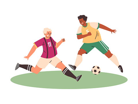 Football soccer two male players match. Athletes fighting, kicking ball. Dynamic poses, different colors uniform. Olympic sports game training, competition match. Vector cartoon isolated illustration
