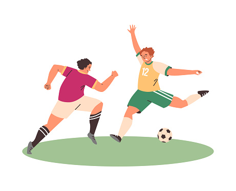 Soccer two male players. Football match, athletes fighting, kicking ball. Dynamic poses, different colors uniform. Vector cartoon isolated illustration. Olympic sports game training, competition match