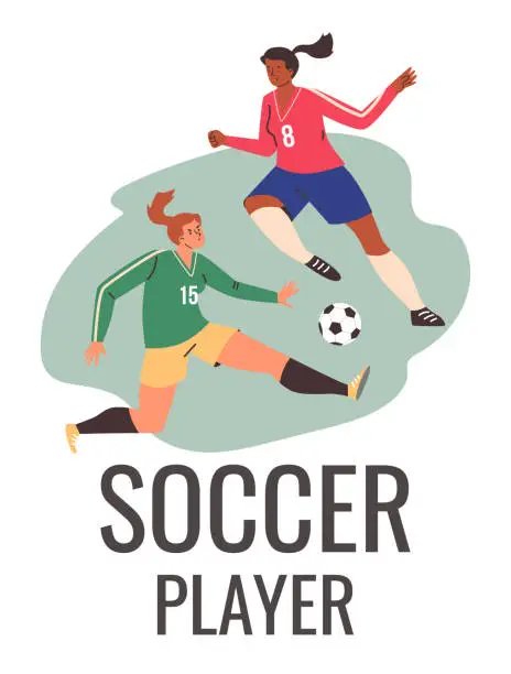 Vector illustration of Female soccer players running and kicking ball, flat vector illustration isolated on white background.
