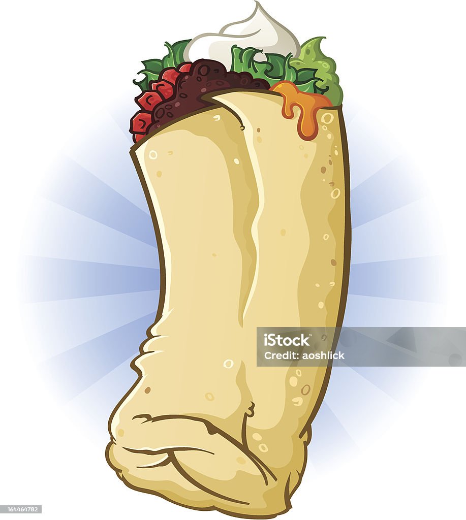 Burrito "A detailed illustration of a burrito, complete with meat, vegetables, guacamole and sour cream." Avocado stock vector