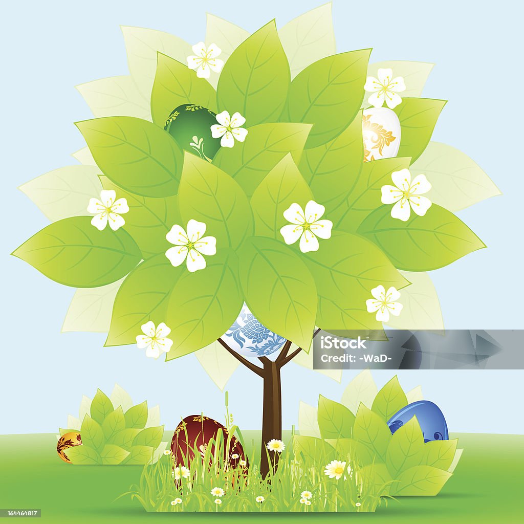 Easter Greeting Card Easter Greeting Card with tree grass flowers and eggs Blue stock vector