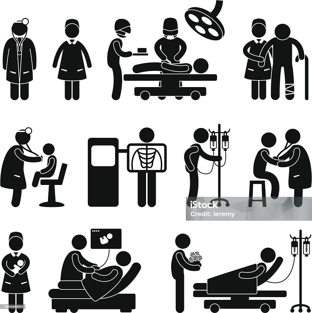 Hospital Doctor, Nurse and Patient Pictogram "A set of pictogram representing the activities by doctors, nurses, and patients in hospital." Icon Symbol stock vector
