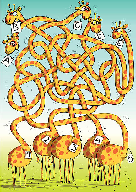 Giraffes Maze Game vector art illustration