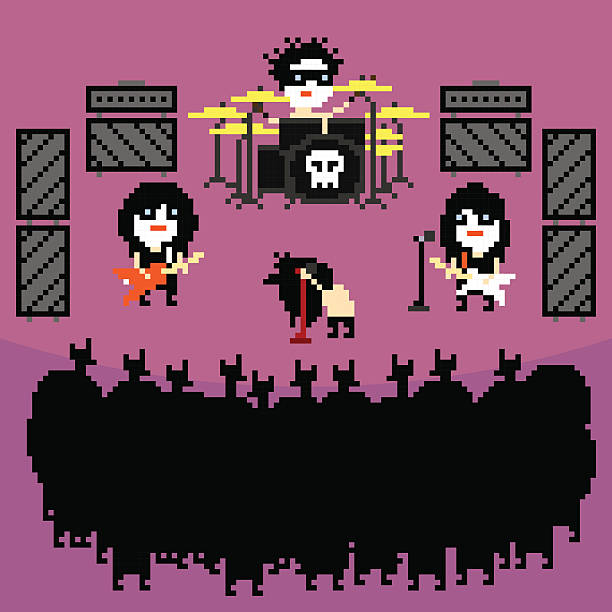 Pixel metal band "Set of icons on black metal rock band theme in pixel art style, vector illustration" hair band stock illustrations