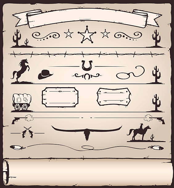 ilustrações de stock, clip art, desenhos animados e ícones de elementos de design de oeste selvagem - cowboy hat wild west hat wood