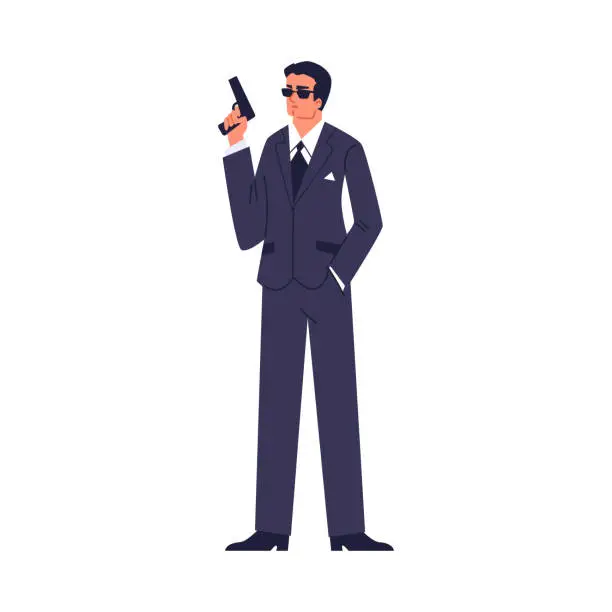 Vector illustration of Special secret agent in dark formal suit and glasses armed with a pistol, detective on mission flat vector illustration