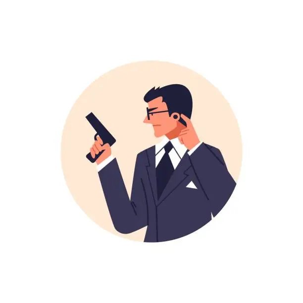 Vector illustration of Special secret agent armed with pistol, private detective eavesdrops and spies flat vector illustration in round frame