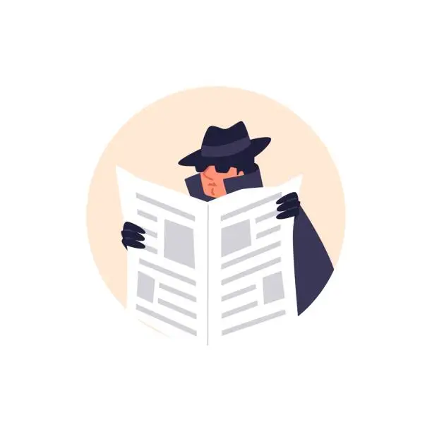 Vector illustration of Special secret agent wearing sunglasses and a hat spying under cover of a newspaper, vector private detective in round