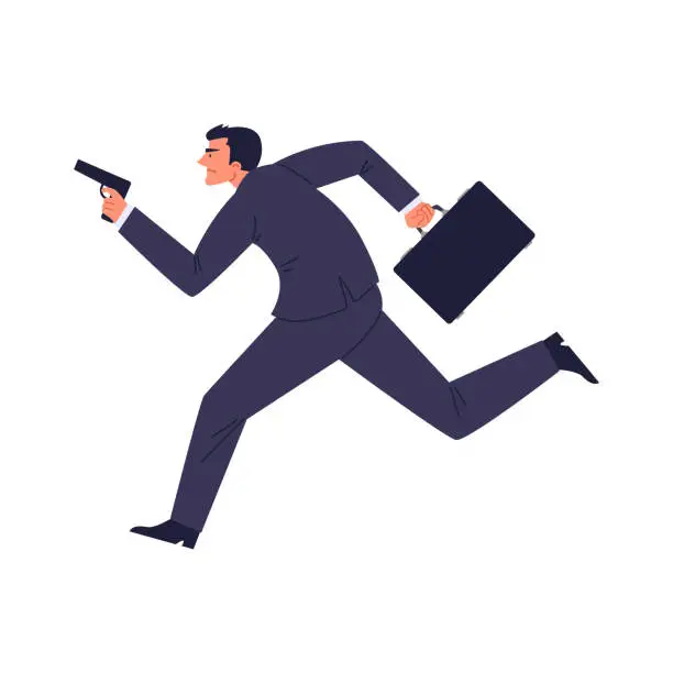Vector illustration of Special secret agent running with a gun and briefcase, private detective armed pursuit mission flat vector illustration