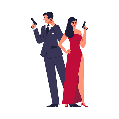 Man in suit and stylish woman in red dress standing with guns flat style, vector illustration isolated on white background. Decorative design element, secret agents