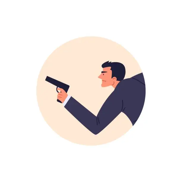 Vector illustration of Special secret agent in dark formal suit armed with pistol, private detective aiming weapon vector illustration in round