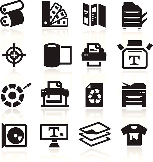 czarny i warstwowe przejrzystości drukuj ikony - printing press design computer graphic printer stock illustrations