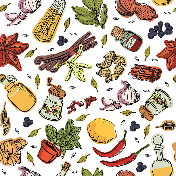 Spices kitchen pattern Spices and seasonings cloves oil bottle stock illustrations