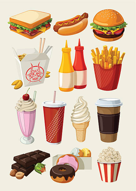 ilustraciones, imágenes clip art, dibujos animados e iconos de stock de conjunto de iconos de comida rápida de coloridos dibujos animados. - non alcoholic beverage illustrations