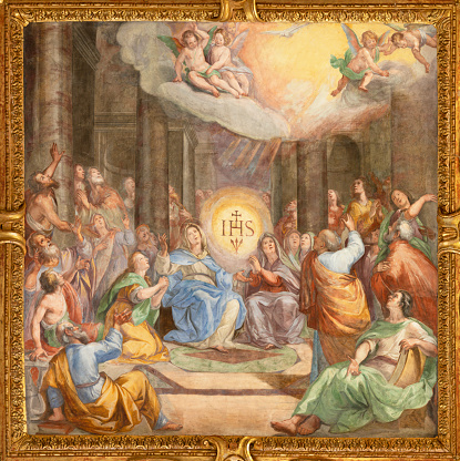 Genova - The fresco of  Pentecost in the church Basilica della Santissima Annunziata del Vastato by  Giovanni Carlone (1590–1630).