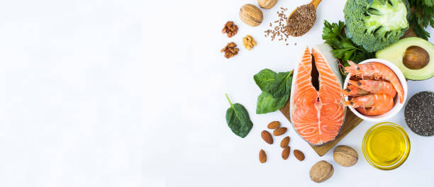 istock Food sources of omega-3 on the white background. Copy space.  Top view. 1644653794