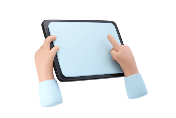 istock 3D Hands using tablet mockup icon. Cartoon hand holding tablet isolated with clipping path illustration 1644655393