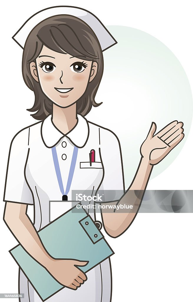 Young cute cartoon nurse providing information Cute female nurse provides information to help patients. Adult stock vector