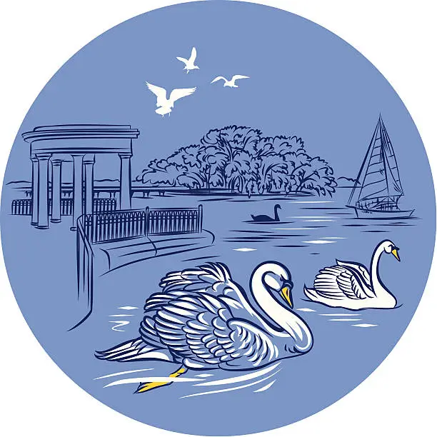 Vector illustration of landscape with sailboat, swans and seagulls