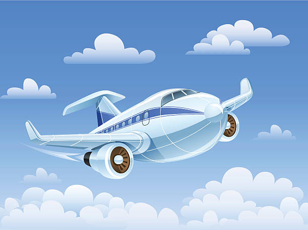 passenger airplane flying in sky passenger airplane flying in sky vector illustration EPS10. Transparent objects and opacity masks used for shadows and lights drawing airplane flying cirrus sky stock illustrations